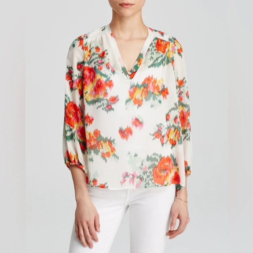 Joie - White & Multicolor Abstract Floral Print Silk “Axcel" Blouse Sz XS - Picture 2 of 14